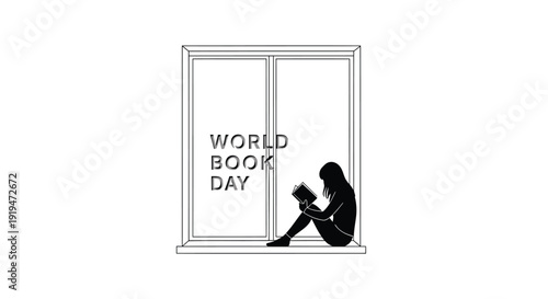 World Book Day icon, silhouette of a person reading a book by a window, isolated on transparent background