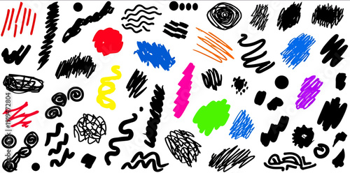 Colorful brush strokes and scribbles on white background playful and artistic mood with various colors shapes and sizes including red blue yellow pink orange green and black