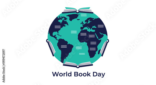 World Book Day vector icon featuring a globe with an open book, symbolizing reading and literature.