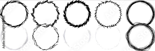 hand drawn circle frame collection decorative round borders abstract black ink sketchy doodle design elements minimalist circular shapes perfect for logos illustration