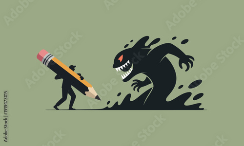 A small figure bravely wields a giant pencil against a looming shadowy monster form