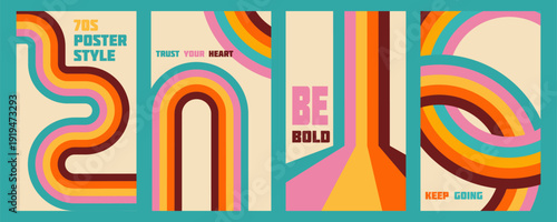 Vintage 70s rainbow wave posters with retro wavy lines, groovy abstract paths and dimensional graphic flow, colorful vector background for music art, fast dynamic design and wall decor