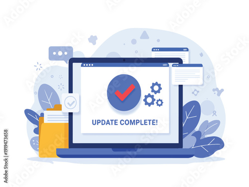 Laptop computer with update complete screen and blue checkmark on white background with leaves and file folder  technology concept