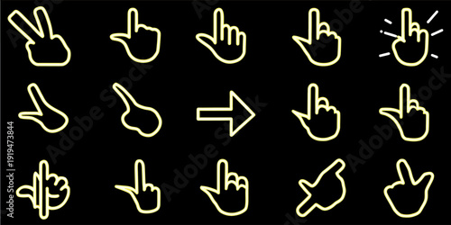 Cursor icons hand pointers and arrow symbols in yellow line art on a black background_1