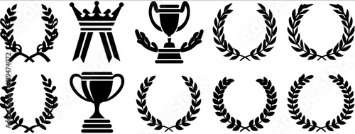Outline crown trophies ribbon laurel wreath and award vector Perfect for celebration achievement victory competition and recognition visuals Ideal for minimalist