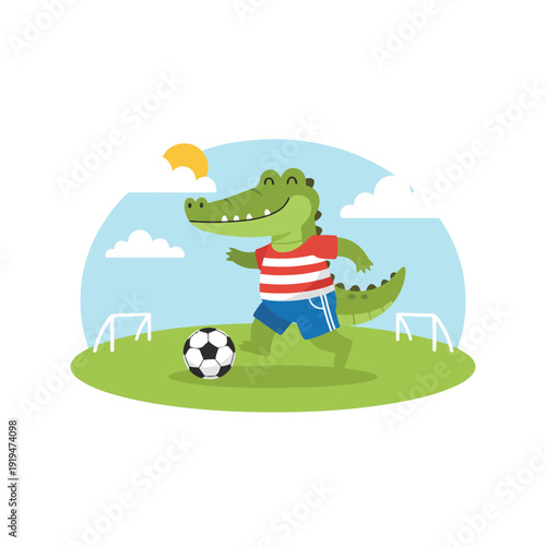 A cheerful cartoon crocodile in a striped shirt and blue shorts joyfully plays soccer on a green field under a sunny, cloudy sky.