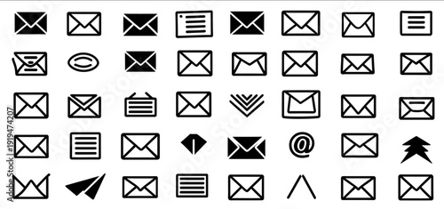 Line art envelope symbols and digital communication icons for web design and messaging apps