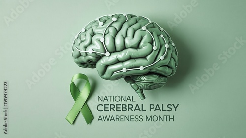 Green Brain Illustration with Awareness Ribbon for National Cerebral Palsy Awareness Month Educational Campaigns and Neurology Research