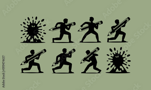 Evolution of a writer depicted through silhouettes of a person running with a pencil