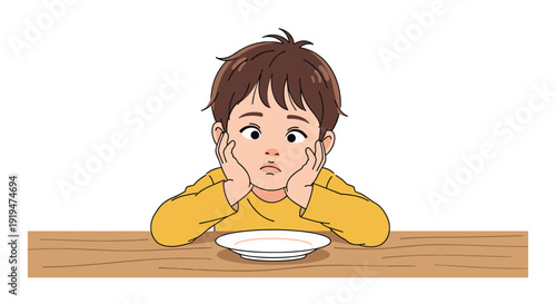A sad young boy with brown hair sits at a wooden table, resting his chin on his hands in front of a white empty bowl.
