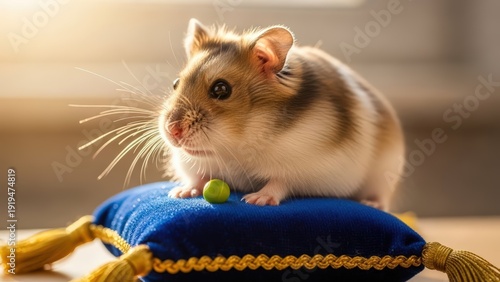 A cute fluffy hamster with brown and white fur sitting regally on a royal blue velvet pillow with gold tassels, next to a small green pea.