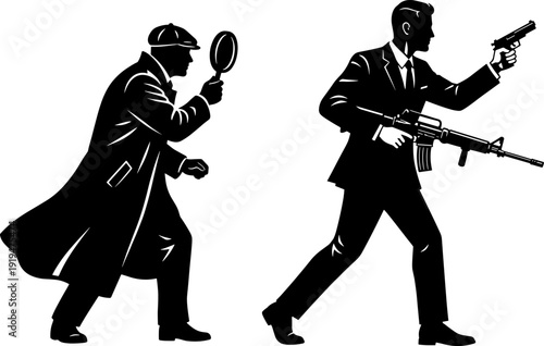Silhouette illustration of detective with magnifying glass, secret agent holding pistol and rifle, crime, espionage, investigation, mystery, action, thriller, archetypes