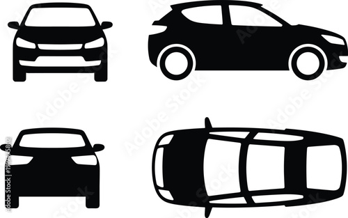 Car Silhouette Vector Set with Front Side Back and Top View Perspectives, Modern Hatchback Automobile Icons for Automotive Industry and Design