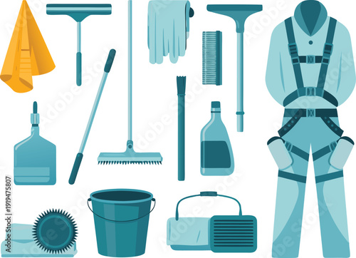 Vector set of cleaning tools and protective gear isolated on transparent bg