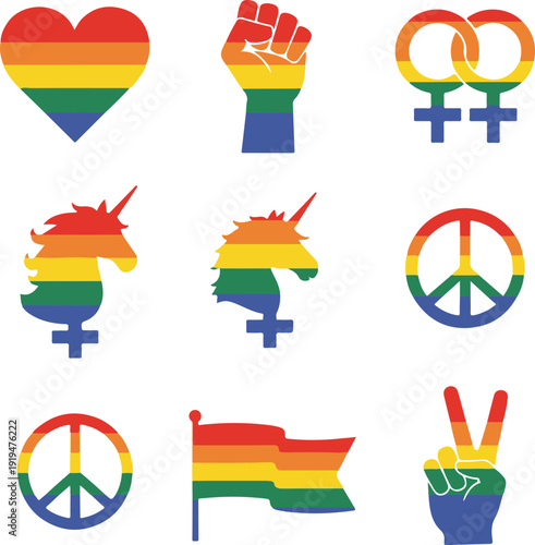 Rainbow colored lgbtq symbols and peace signs