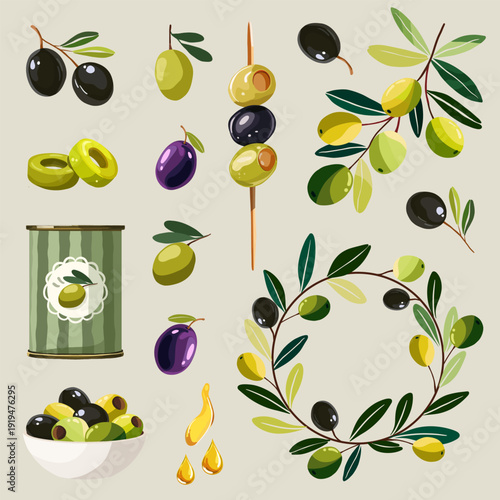 Olive collection hand drawn set with branches, bowl and canned olives