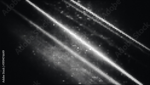Abstract diagonal streaks of light with halftone dots on a dark background, futuristic sci-fi effect, digital illustration, vibrant energy lines for tech designs