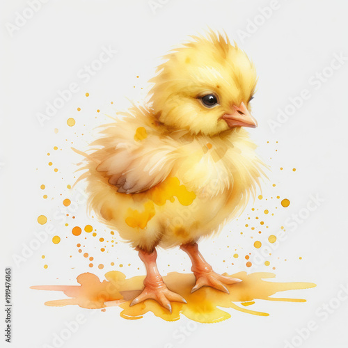 Cute watercolor baby chicken illustration with yellow paint splashes isolated on white background Easter chick