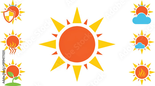 Collection of black silhouette sun icons with diverse ray patterns and styles on white background symbol