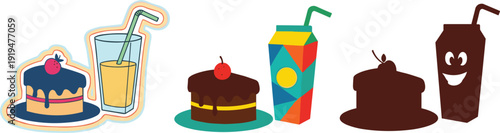 Colorful cakes and drinks illustration with cherries, juice boxes, festive desserts, stylized vector artwork showing progression from detailed design to simplified silhouettes