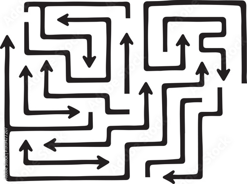 Intricate maze featuring a series of interconnected pathways with arrows indicating direction Vector, illustration