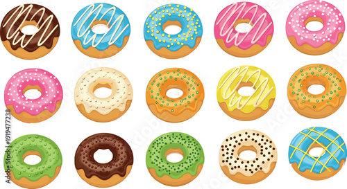 Colorful Donut Set with Various Glazed and Sprinkled Sweet Pastry Designs for Bakery Menu and Dessert Vector Collection