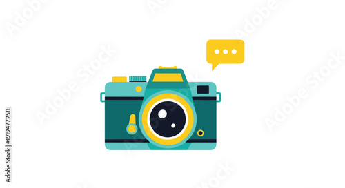 A stylish vintage camera in teal and yellow, featuring a prominent lens, has an active dotted speech bubble above it.
