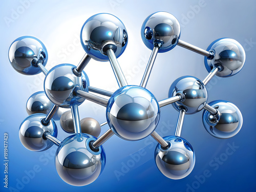 A 3d model of a molecule with metallic spheres and rods