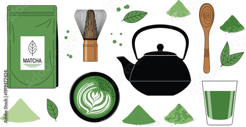 Matcha Tea Preparation Vector Set with Powder Packaging, Bamboo Whisk, Teapot, Spoon, Latte Bowl and Green Tea Elements