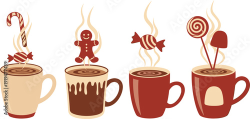 Festive holiday mugs with steaming hot beverages, decorated with candy, gingerbread, lollipop, marshmallow, cozy seasonal vector illustration symbolizing Christmas and winter celebration