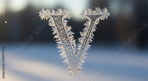 Stunning frosty ice crystal V letter pattern on a cold winter window glass background texture.