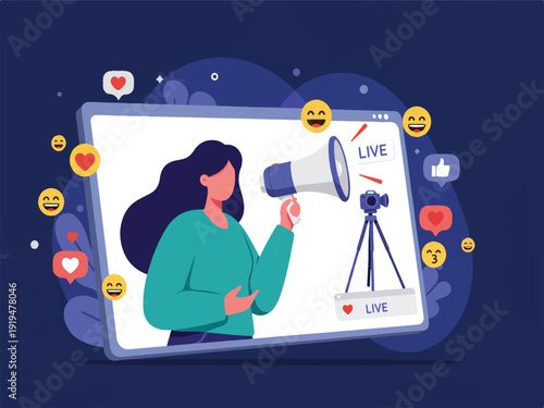 Woman holding megaphone in front of large computer screen with live camera and social media icons  online broadcasting and live streaming concept