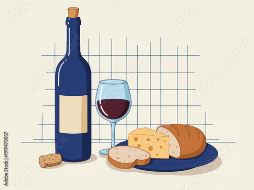 Wine bottle and glass with bread and cheese on a plate  a still life composition