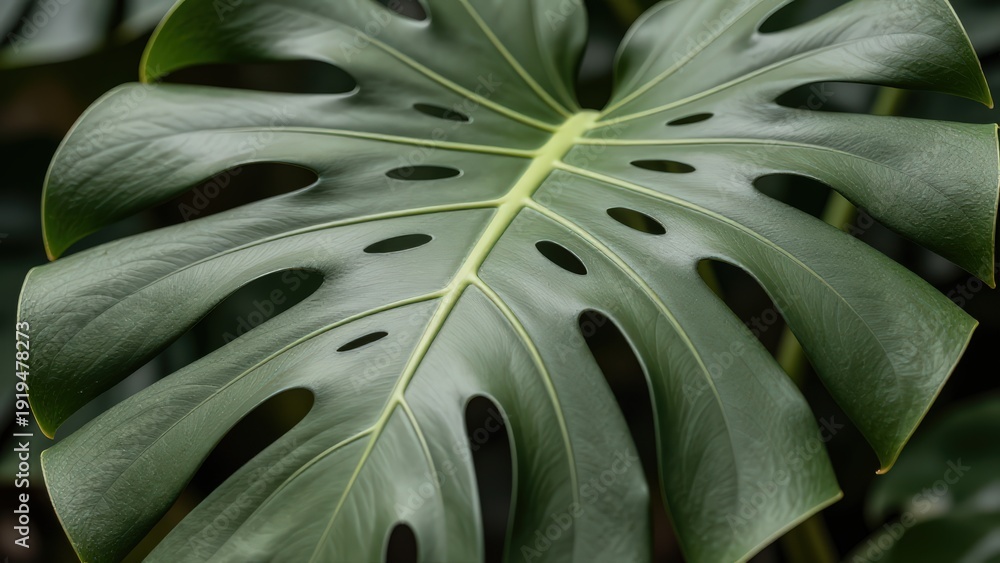 Obraz premium Monstera Leaf Close Up Tropical Plant Detail on Black Background