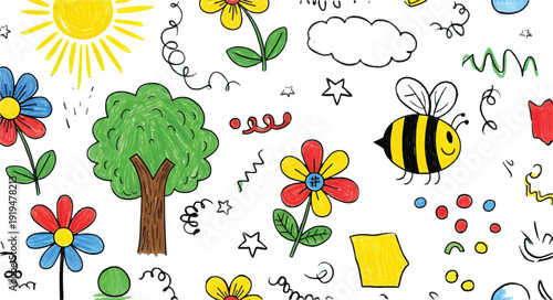 Colorful children s illustration featuring hearts sun rainbow and playful whimsical elements