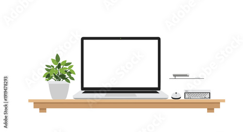A modern laptop with a blank white screen, a green potted plant, a mouse, and keyboard on a wooden shelf.