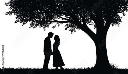Romantic Silhouette of a Couple Standing Under a Large Leafy Tree in a Meadow, Man and Woman Holding Hands at Sunset or Night in Nature