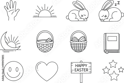 A set of minimalist line art icons including a bunny basket sun moon heart and smiley face icons