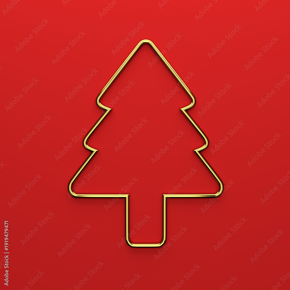 Fototapeta premium Minimalist 3D illustration of a golden Christmas tree outline on a vibrant red background, luxury holiday celebration and New Year concept.