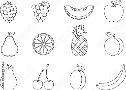 Collection of twelve simple fruit line art icons including apple, banana, and pineapple.