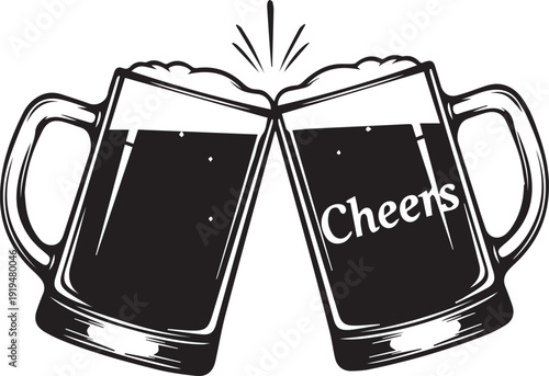 Two beer mugs clinking together with cheers message