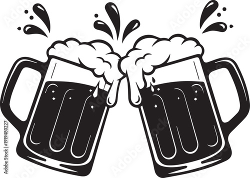 Two beer mugs clinking together with foam and liquid splashing