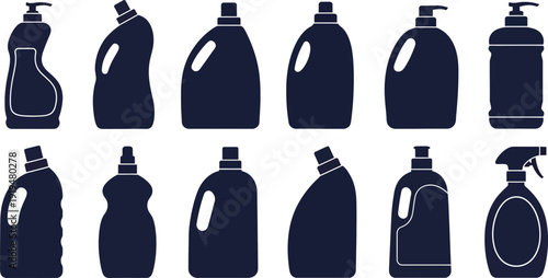Cleaning product bottle silhouette icon set for chores