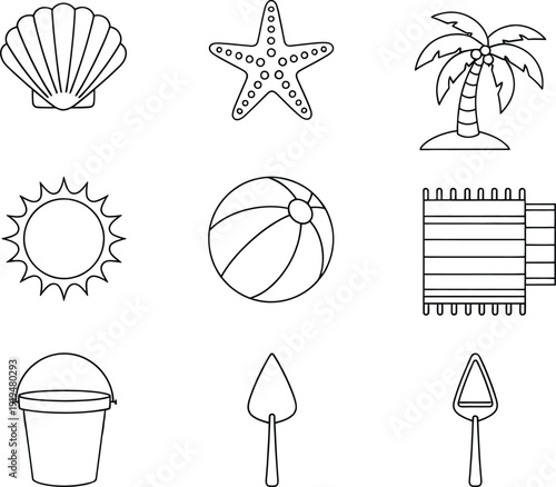 Collection of simple black and white summer beach icons including starfish and shells