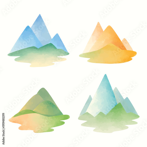 Mountain watercolor illustration style in pastel color. Collection of hills and mountains doodle isolated vector for landscape, book, asset, design, children