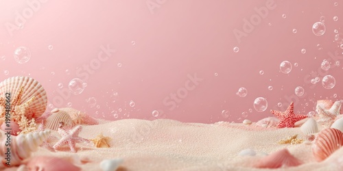 Sandy beach scene with shells, starfish, and bubbles against a soft pink backdrop