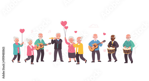 A diverse group of happy senior adults is joyfully dancing and playing instruments, including guitars, a flute, and drums, with heart balloons.