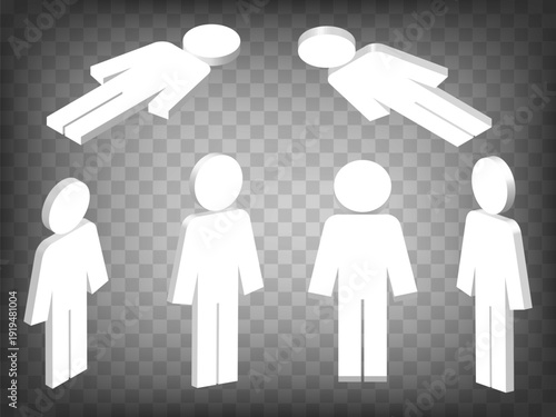 Set of perspective projections 3d  blank Man model icons on transparent background.  High detailed 3d template icon of man.  Abstract concept of graphic elements for your design. EPS 10