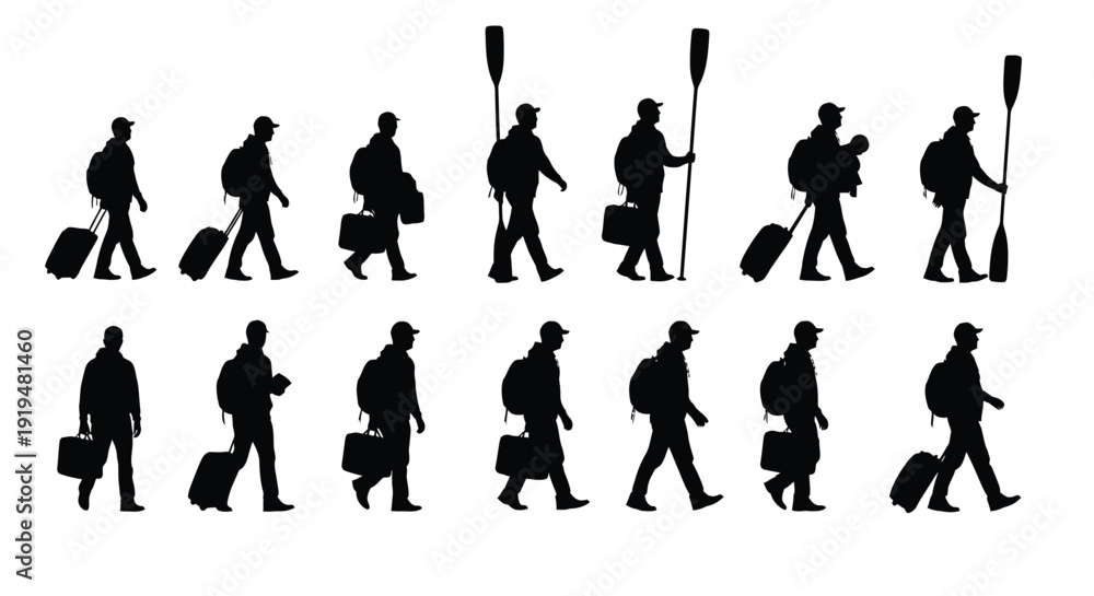 Fototapeta premium Silhouettes of travelers walking with luggage and a paddle.