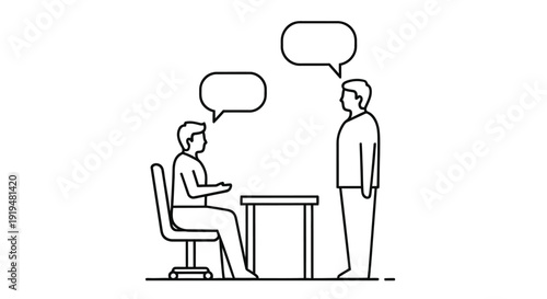 Simple line drawing of two people in a conversation near a table